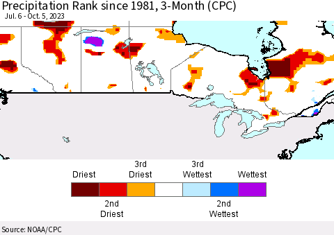 Canada Precipitation Rank since 1981, 3-Month (CPC) Thematic Map For 7/6/2023 - 10/5/2023