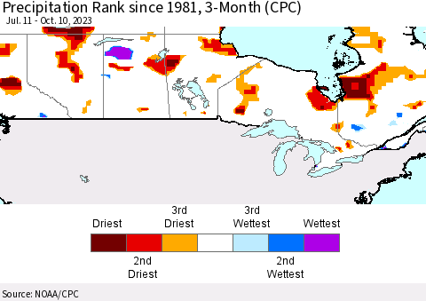 Canada Precipitation Rank since 1981, 3-Month (CPC) Thematic Map For 7/11/2023 - 10/10/2023