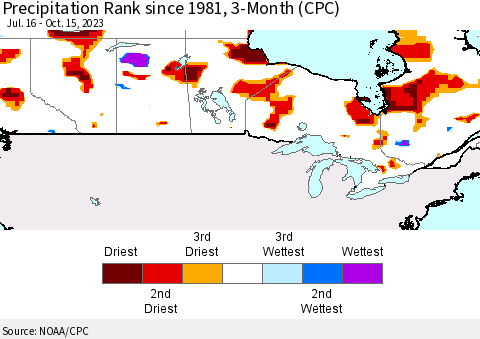 Canada Precipitation Rank since 1981, 3-Month (CPC) Thematic Map For 7/16/2023 - 10/15/2023