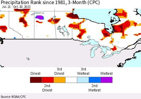 Canada Precipitation Rank since 1981, 3-Month (CPC) Thematic Map For 7/21/2023 - 10/20/2023