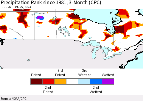 Canada Precipitation Rank since 1981, 3-Month (CPC) Thematic Map For 7/26/2023 - 10/25/2023