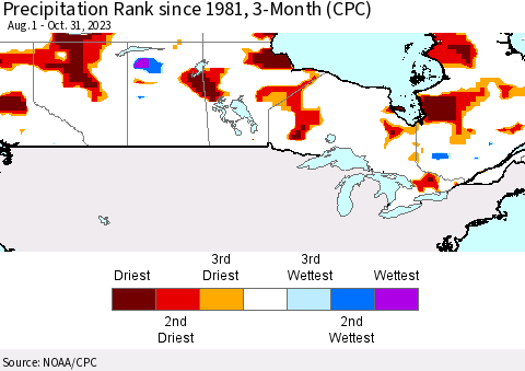 Canada Precipitation Rank since 1981, 3-Month (CPC) Thematic Map For 8/1/2023 - 10/31/2023