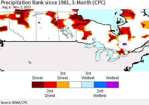 Canada Precipitation Rank since 1981, 3-Month (CPC) Thematic Map For 8/6/2023 - 11/5/2023
