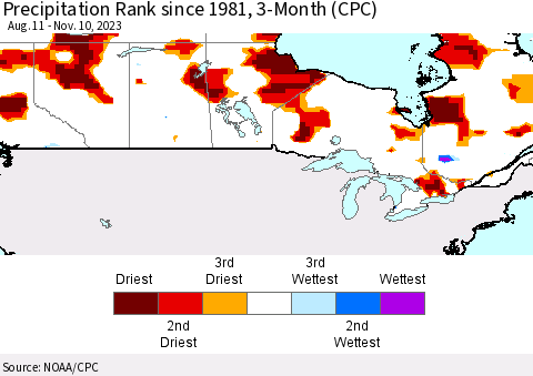 Canada Precipitation Rank since 1981, 3-Month (CPC) Thematic Map For 8/11/2023 - 11/10/2023