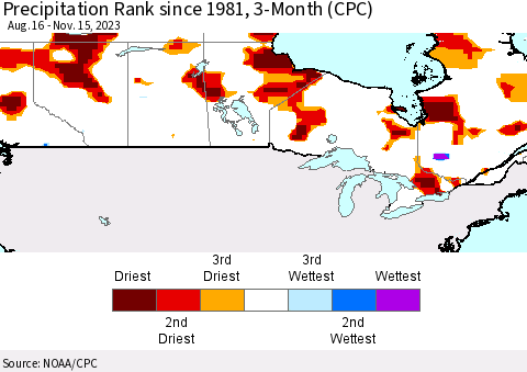 Canada Precipitation Rank since 1981, 3-Month (CPC) Thematic Map For 8/16/2023 - 11/15/2023
