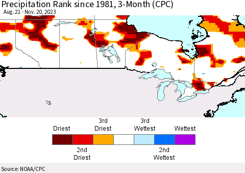 Canada Precipitation Rank since 1981, 3-Month (CPC) Thematic Map For 8/21/2023 - 11/20/2023