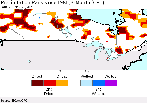 Canada Precipitation Rank since 1981, 3-Month (CPC) Thematic Map For 8/26/2023 - 11/25/2023