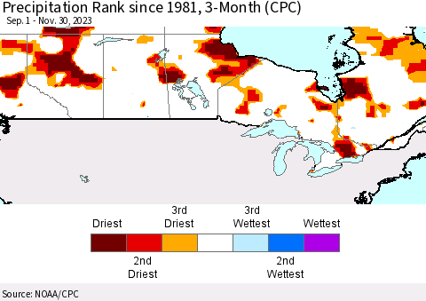 Canada Precipitation Rank since 1981, 3-Month (CPC) Thematic Map For 9/1/2023 - 11/30/2023