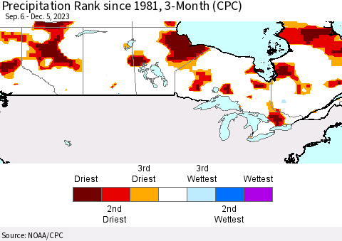 Canada Precipitation Rank since 1981, 3-Month (CPC) Thematic Map For 9/6/2023 - 12/5/2023