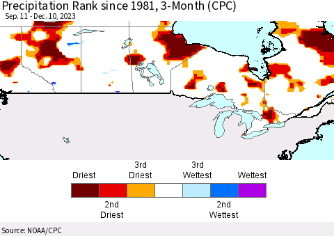 Canada Precipitation Rank since 1981, 3-Month (CPC) Thematic Map For 9/11/2023 - 12/10/2023