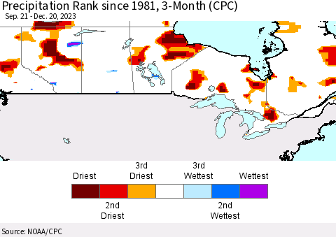 Canada Precipitation Rank since 1981, 3-Month (CPC) Thematic Map For 9/21/2023 - 12/20/2023