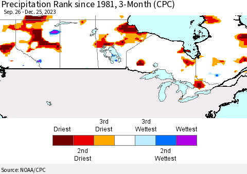 Canada Precipitation Rank since 1981, 3-Month (CPC) Thematic Map For 9/26/2023 - 12/25/2023