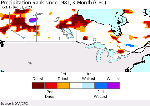 Canada Precipitation Rank since 1981, 3-Month (CPC) Thematic Map For 10/1/2023 - 12/31/2023