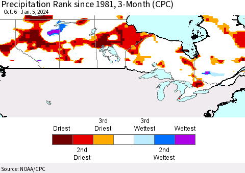 Canada Precipitation Rank since 1981, 3-Month (CPC) Thematic Map For 10/6/2023 - 1/5/2024