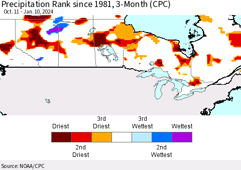 Canada Precipitation Rank since 1981, 3-Month (CPC) Thematic Map For 10/11/2023 - 1/10/2024