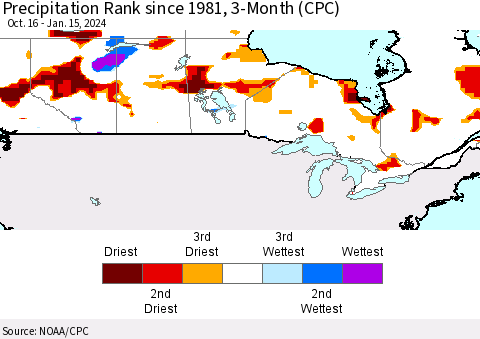 Canada Precipitation Rank since 1981, 3-Month (CPC) Thematic Map For 10/16/2023 - 1/15/2024