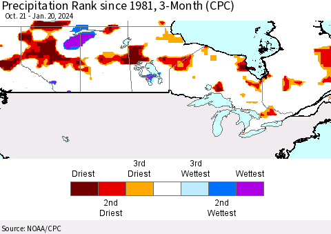 Canada Precipitation Rank since 1981, 3-Month (CPC) Thematic Map For 10/21/2023 - 1/20/2024