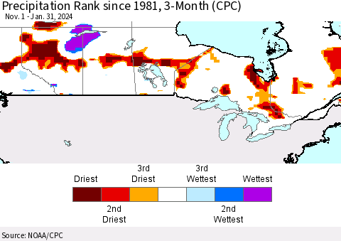 Canada Precipitation Rank since 1981, 3-Month (CPC) Thematic Map For 11/1/2023 - 1/31/2024