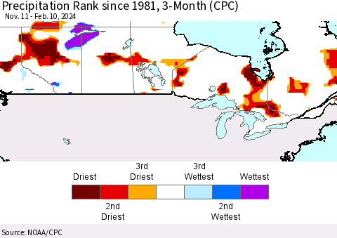Canada Precipitation Rank since 1981, 3-Month (CPC) Thematic Map For 11/11/2023 - 2/10/2024