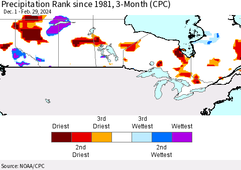 Canada Precipitation Rank since 1981, 3-Month (CPC) Thematic Map For 12/1/2023 - 2/29/2024