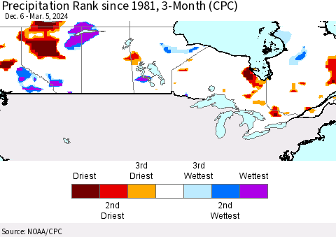 Canada Precipitation Rank since 1981, 3-Month (CPC) Thematic Map For 12/6/2023 - 3/5/2024
