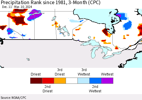 Canada Precipitation Rank since 1981, 3-Month (CPC) Thematic Map For 12/11/2023 - 3/10/2024