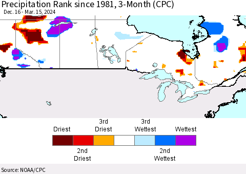 Canada Precipitation Rank since 1981, 3-Month (CPC) Thematic Map For 12/16/2023 - 3/15/2024