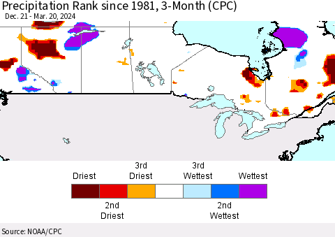 Canada Precipitation Rank since 1981, 3-Month (CPC) Thematic Map For 12/21/2023 - 3/20/2024