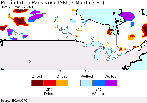 Canada Precipitation Rank since 1981, 3-Month (CPC) Thematic Map For 12/26/2023 - 3/25/2024