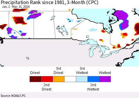 Canada Precipitation Rank since 1981, 3-Month (CPC) Thematic Map For 1/1/2024 - 3/31/2024