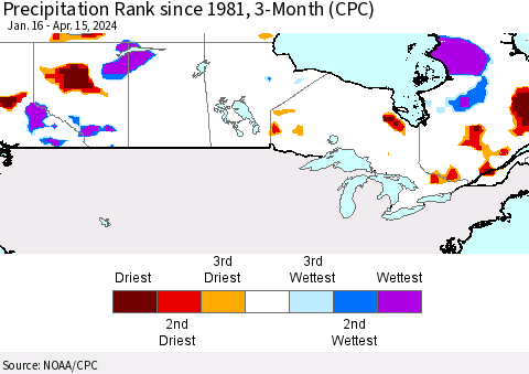 Canada Precipitation Rank since 1981, 3-Month (CPC) Thematic Map For 1/16/2024 - 4/15/2024