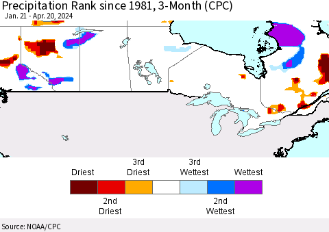 Canada Precipitation Rank since 1981, 3-Month (CPC) Thematic Map For 1/21/2024 - 4/20/2024
