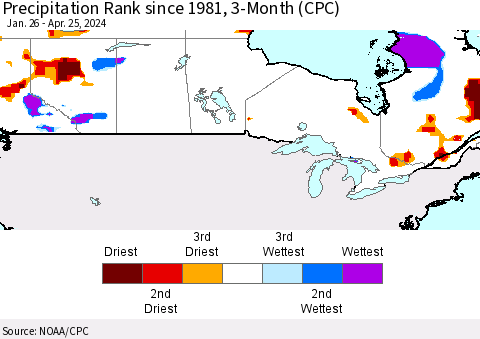 Canada Precipitation Rank since 1981, 3-Month (CPC) Thematic Map For 1/26/2024 - 4/25/2024