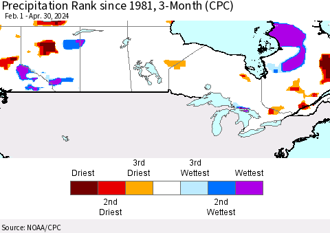 Canada Precipitation Rank since 1981, 3-Month (CPC) Thematic Map For 2/1/2024 - 4/30/2024