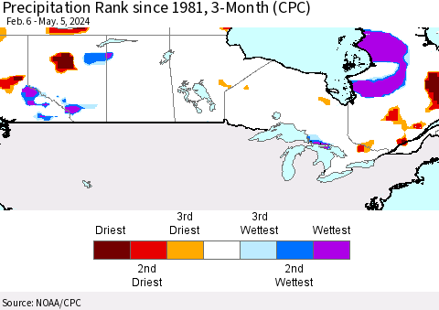 Canada Precipitation Rank since 1981, 3-Month (CPC) Thematic Map For 2/6/2024 - 5/5/2024
