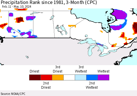 Canada Precipitation Rank since 1981, 3-Month (CPC) Thematic Map For 2/11/2024 - 5/10/2024