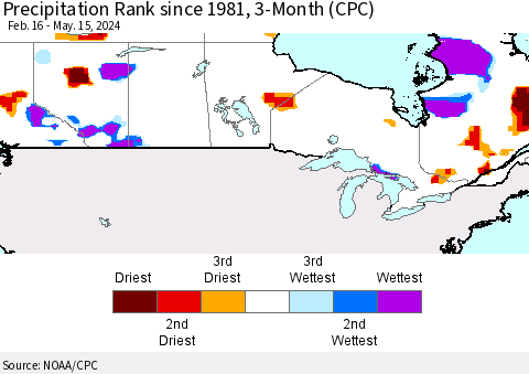 Canada Precipitation Rank since 1981, 3-Month (CPC) Thematic Map For 2/16/2024 - 5/15/2024