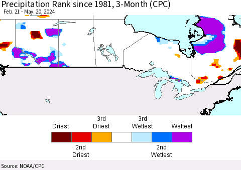 Canada Precipitation Rank since 1981, 3-Month (CPC) Thematic Map For 2/21/2024 - 5/20/2024