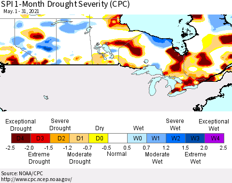 Canada SPI 1-Month Drought Severity (CPC) Thematic Map For 5/1/2021 - 5/31/2021