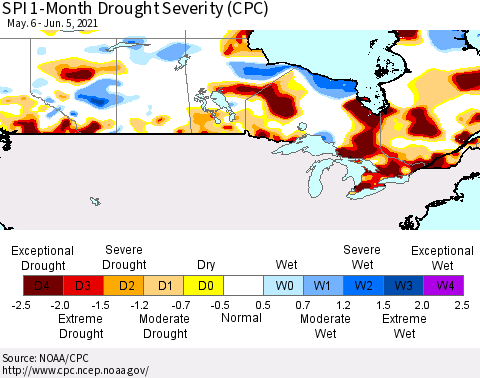 Canada SPI 1-Month Drought Severity (CPC) Thematic Map For 5/6/2021 - 6/5/2021