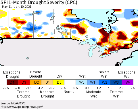 Canada SPI 1-Month Drought Severity (CPC) Thematic Map For 5/11/2021 - 6/10/2021