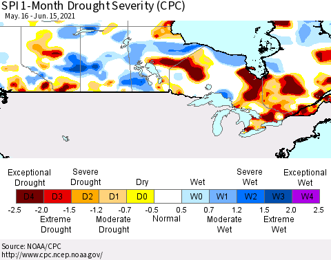 Canada SPI 1-Month Drought Severity (CPC) Thematic Map For 5/16/2021 - 6/15/2021