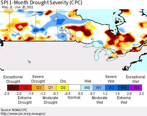 Canada SPI 1-Month Drought Severity (CPC) Thematic Map For 5/21/2021 - 6/20/2021