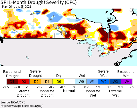 Canada SPI 1-Month Drought Severity (CPC) Thematic Map For 5/26/2021 - 6/25/2021