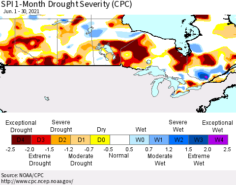 Canada SPI 1-Month Drought Severity (CPC) Thematic Map For 6/1/2021 - 6/30/2021