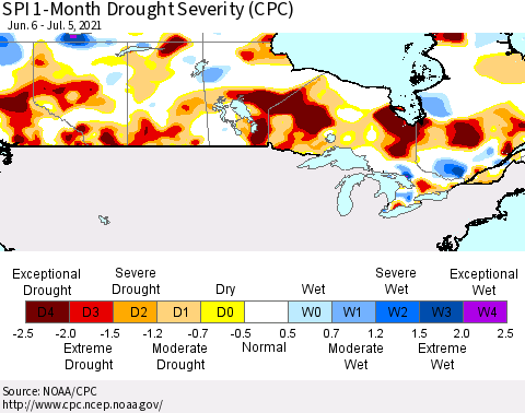 Canada SPI 1-Month Drought Severity (CPC) Thematic Map For 6/6/2021 - 7/5/2021