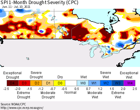 Canada SPI 1-Month Drought Severity (CPC) Thematic Map For 6/11/2021 - 7/10/2021
