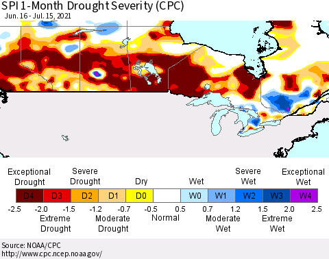 Canada SPI 1-Month Drought Severity (CPC) Thematic Map For 6/16/2021 - 7/15/2021