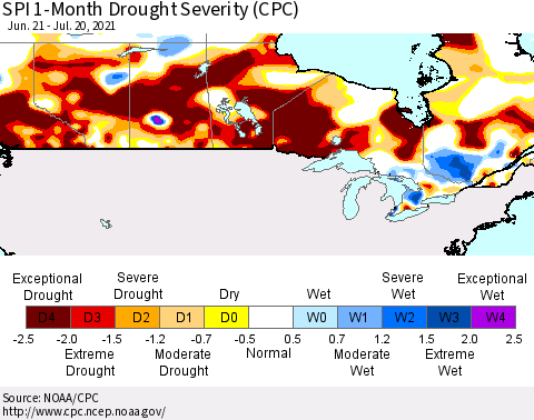 Canada SPI 1-Month Drought Severity (CPC) Thematic Map For 6/21/2021 - 7/20/2021