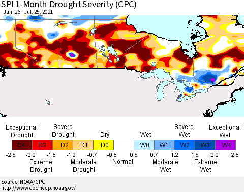 Canada SPI 1-Month Drought Severity (CPC) Thematic Map For 6/26/2021 - 7/25/2021